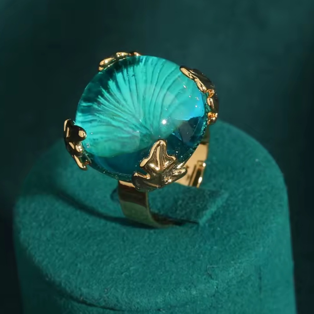 Antique Couture Aqua Crystal Orb Ring 18k Gold Designer Statement Jewelry
